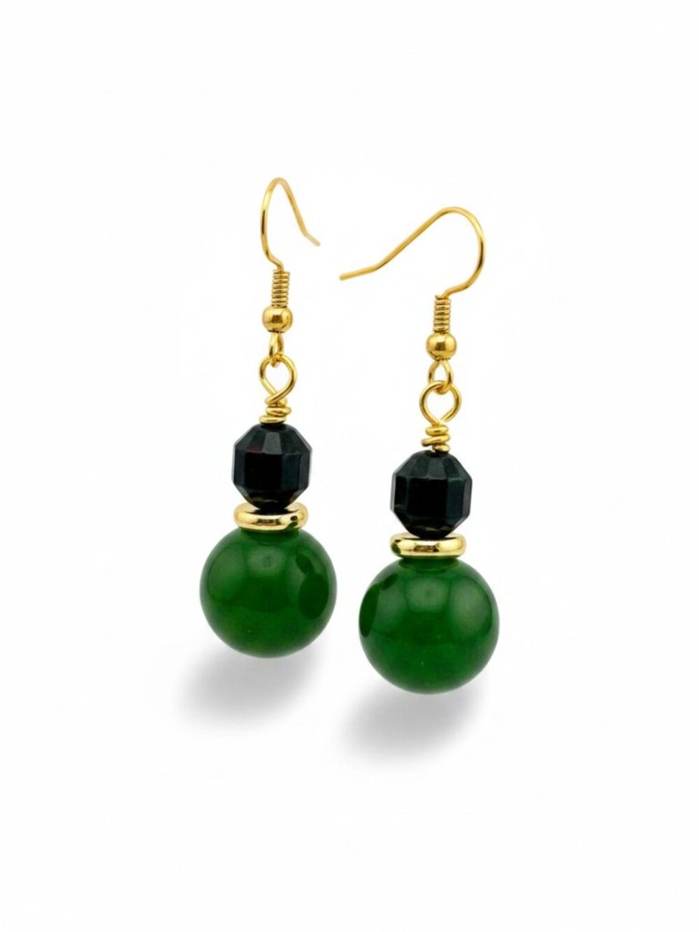 Green Jade Bloodstone Earrings Handmade Gold Plated Gemstone Dangle 2" Drop - Picture 2 of 10